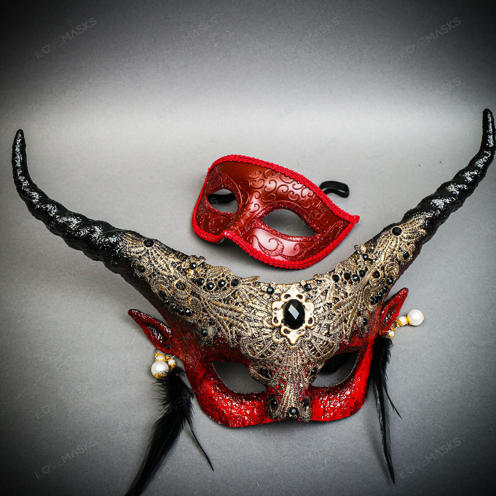 Red Venetian Classic Eye w/ Long Horns Fairy Devil Red Eye Mask Couple Mask